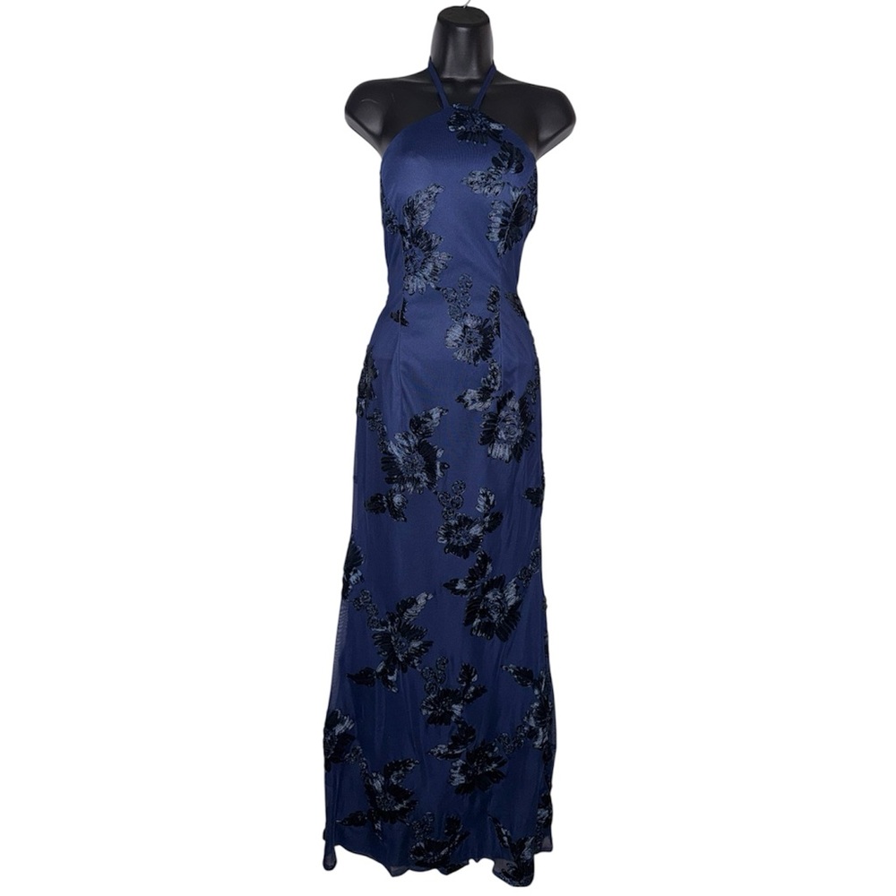Dark Fairy NWT Embroidered Navy Blue Halter Style Floor Length Evening Gown Prom